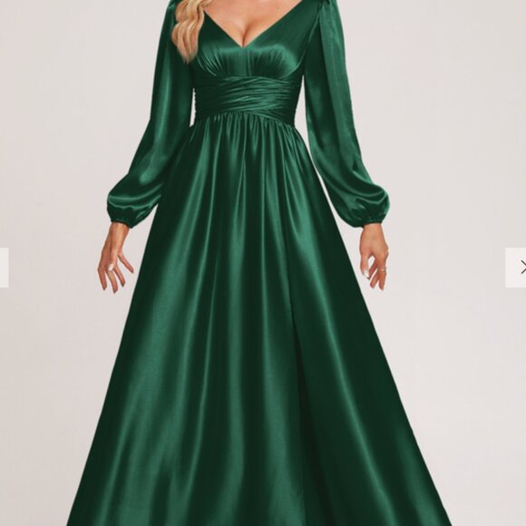 Dark Green JJs House Bridesmaid Dress, A-Line, Bishop Sleeve - Picture 3 of 3